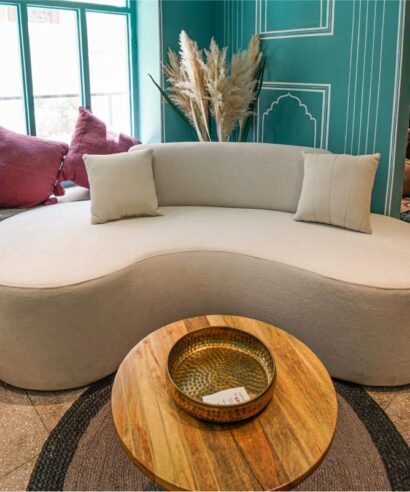 Modern curved italian boucle sofa